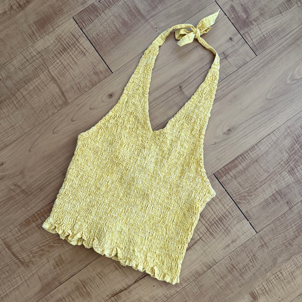 Summer Cotton Yellow Halter Neck Smocked Seersucker Top
